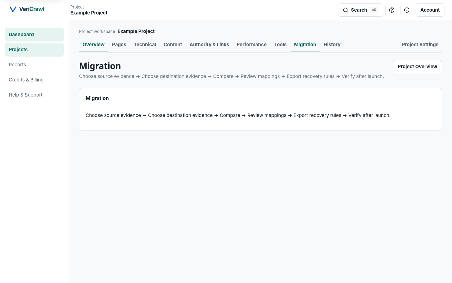 VeriCrawl Migration workspace describing source evidence, destination evidence, comparison, mappings, recovery rules and verification.